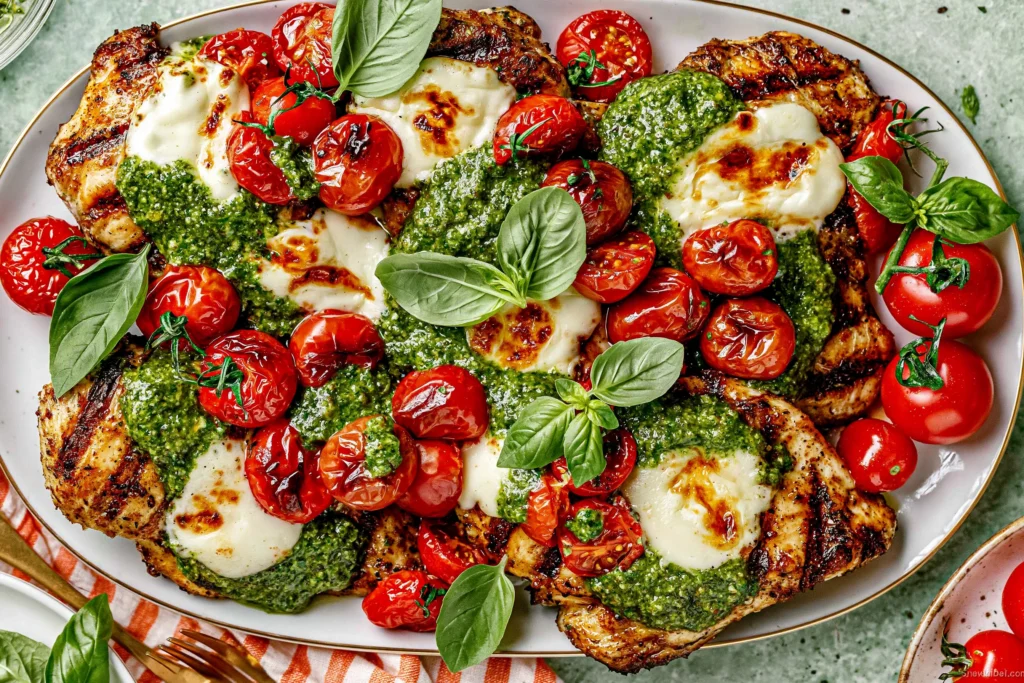 Grilled Chicken Margherita with juicy grilled chicken, melted mozzarella, basil pesto, and blistered cherry tomatoes on a serving platter