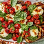 Grilled Chicken Margherita with juicy grilled chicken, melted mozzarella, basil pesto, and blistered cherry tomatoes on a serving platter