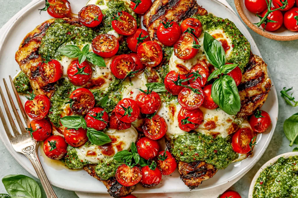 Grilled Chicken Margherita topped with melted mozzarella, basil pesto, and roasted cherry tomatoes on a platter