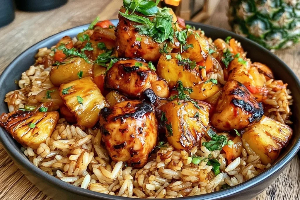 Chicken and Pineapple Rice with grilled chicken chunks, caramelized pineapple, and glossy sauce over fluffy rice in a bowl