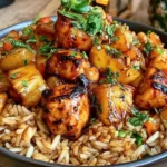 Chicken and Pineapple Rice with grilled chicken chunks, caramelized pineapple, and glossy sauce over fluffy rice in a bowl