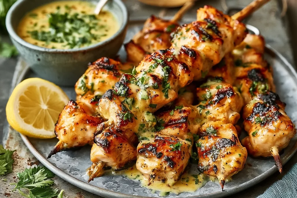 Cowboy Butter Chicken Skewers with creamy garlic butter sauce, grilled chicken, fresh herbs, and lemon on a serving plate
