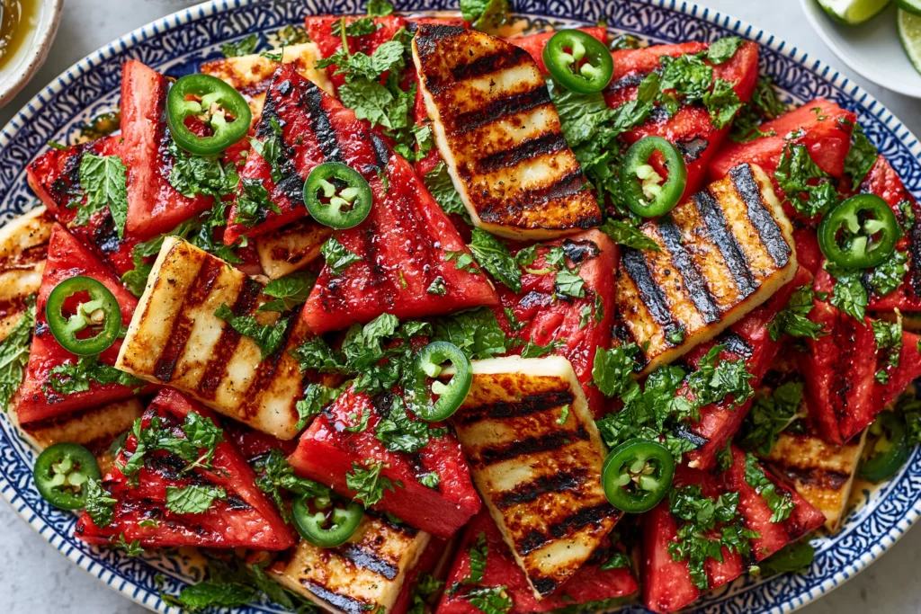 Grilled Halloumi Watermelon Salad with charred halloumi, juicy watermelon, fresh mint, and jalapeño slices on a serving platter