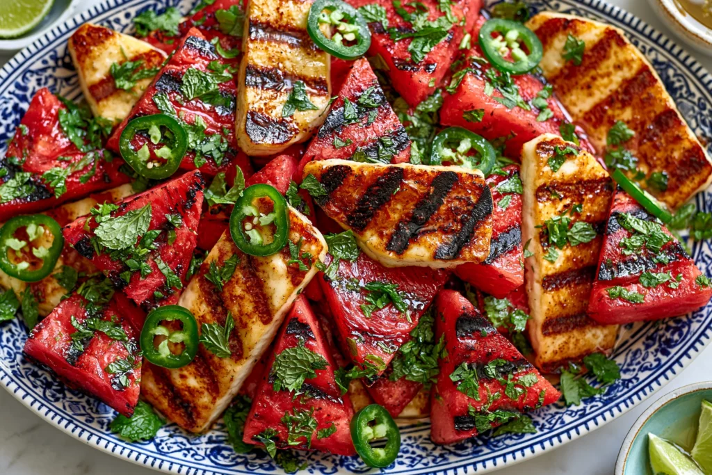Grilled Halloumi Watermelon Salad with golden grilled halloumi, caramelized watermelon, fresh mint, and sliced jalapeños