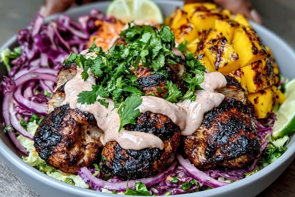 Jerk Chicken & Mango Slaw Bowls topped with grilled chicken, charred mango, cabbage slaw, and creamy honey lime sauce