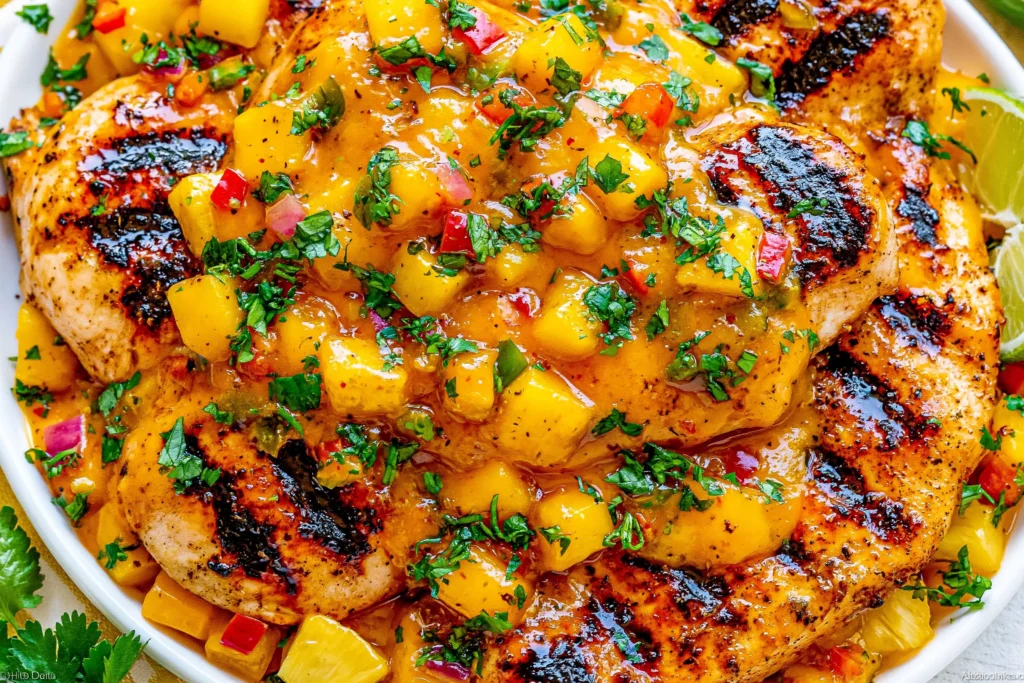 Grilled Mango Pineapple Chicken with juicy grilled chicken breasts topped with chunky mango pineapple salsa and fresh cilantro