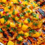 Grilled Mango Pineapple Chicken with juicy grilled chicken breasts topped with chunky mango pineapple salsa and fresh cilantro