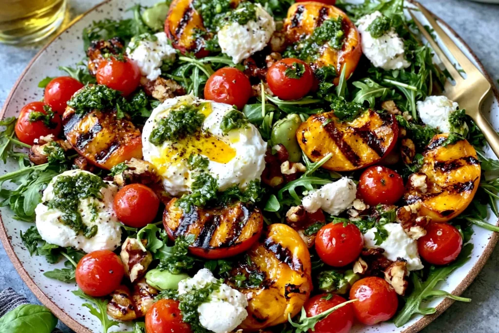 Grilled Peach Burrata Salad with grilled peaches, creamy burrata, cherry tomatoes, arugula, and balsamic glaze