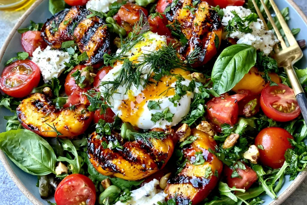 Grilled Peach Burrata Salad with charred peaches, creamy burrata, cherry tomatoes, fresh herbs, and balsamic glaze