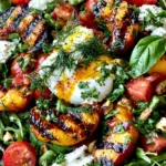 Grilled Peach Burrata Salad with charred peaches, creamy burrata, cherry tomatoes, fresh herbs, and balsamic glaze