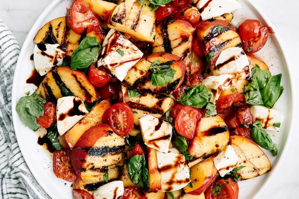 Peach Caprese Salad with grilled peaches, mozzarella chunks, cherry tomatoes, fresh basil, and balsamic glaze close-up