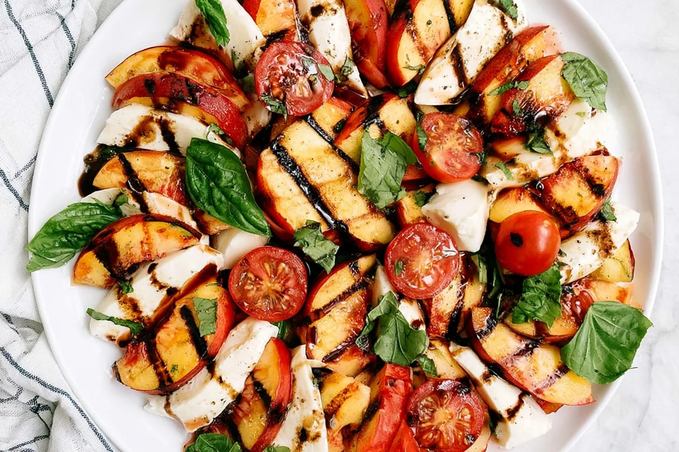 Peach Caprese Salad with grilled peaches, fresh mozzarella, cherry tomatoes, basil, and balsamic glaze on a white plate