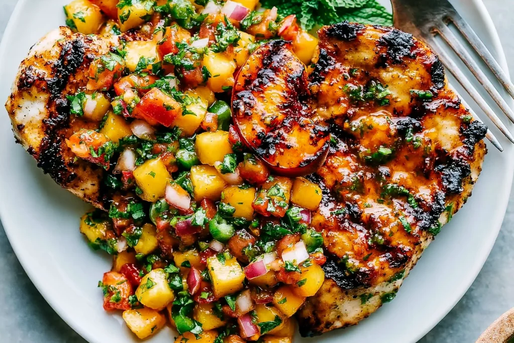 Peach Salsa Chicken with grilled glazed chicken topped with fresh peach salsa, cilantro, and diced vegetables on a white plate