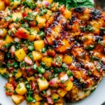 Peach Salsa Chicken with grilled glazed chicken topped with fresh peach salsa, cilantro, and diced vegetables on a white plate