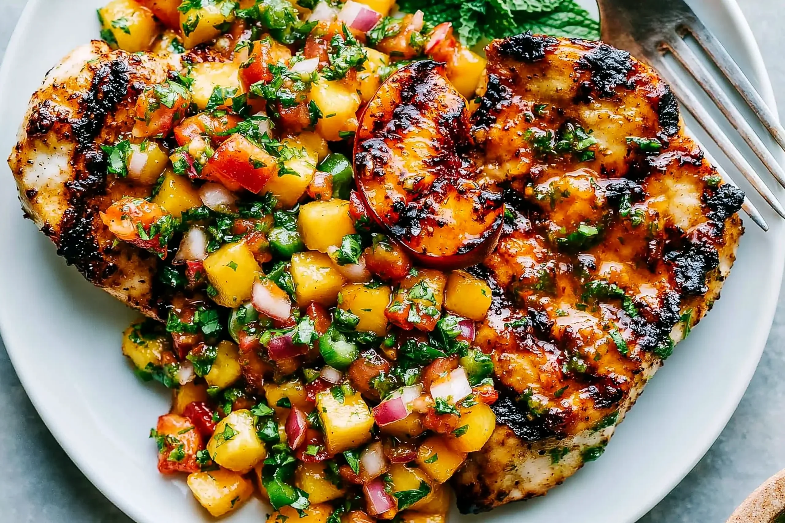 Peach Salsa Chicken with grilled glazed chicken topped with fresh peach salsa, cilantro, and diced vegetables on a white plate