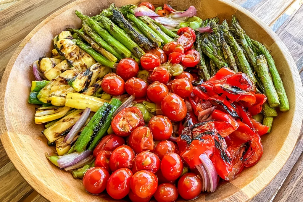 Chimichurri Pasta Salad with grilled vegetables including asparagus, cherry tomatoes, zucchini, and red peppers in a wooden bowl