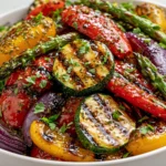 Grilled Veggies with Marinade featuring zucchini, bell peppers, asparagus, and red onion with balsamic glaze and fresh herbs