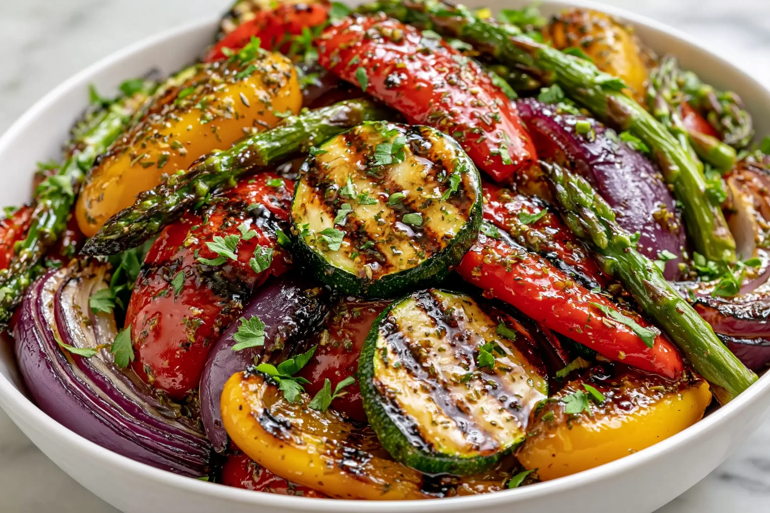 Grilled Veggies with Marinade featuring zucchini, bell peppers, asparagus, and red onion with balsamic glaze and fresh herbs