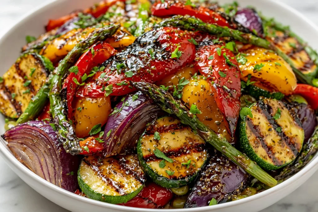 Grilled Veggies with Marinade featuring charred zucchini, bell peppers, asparagus, and red onion coated in balsamic herb glaze