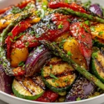 Grilled Veggies with Marinade featuring charred zucchini, bell peppers, asparagus, and red onion coated in balsamic herb glaze