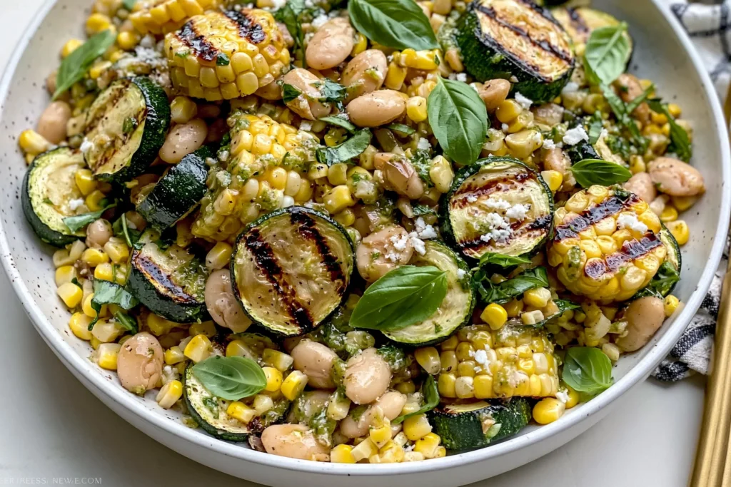 Grilled Zucchini and Corn White Bean Salad with charred corn rounds, grilled zucchini slices, creamy cannellini beans, and fresh basil