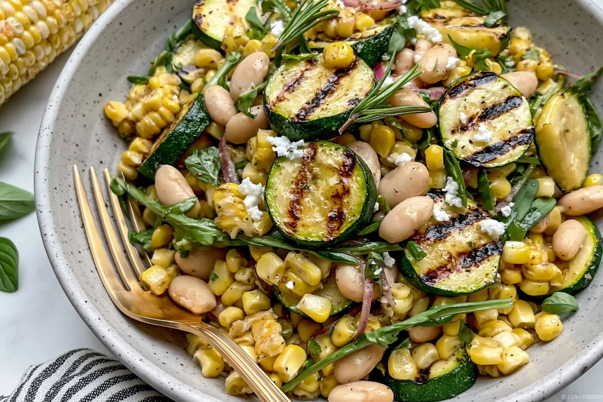 Grilled Zucchini and Corn White Bean Salad with charred zucchini, sweet corn, cannellini beans, and fresh herbs in a light vinaigrette