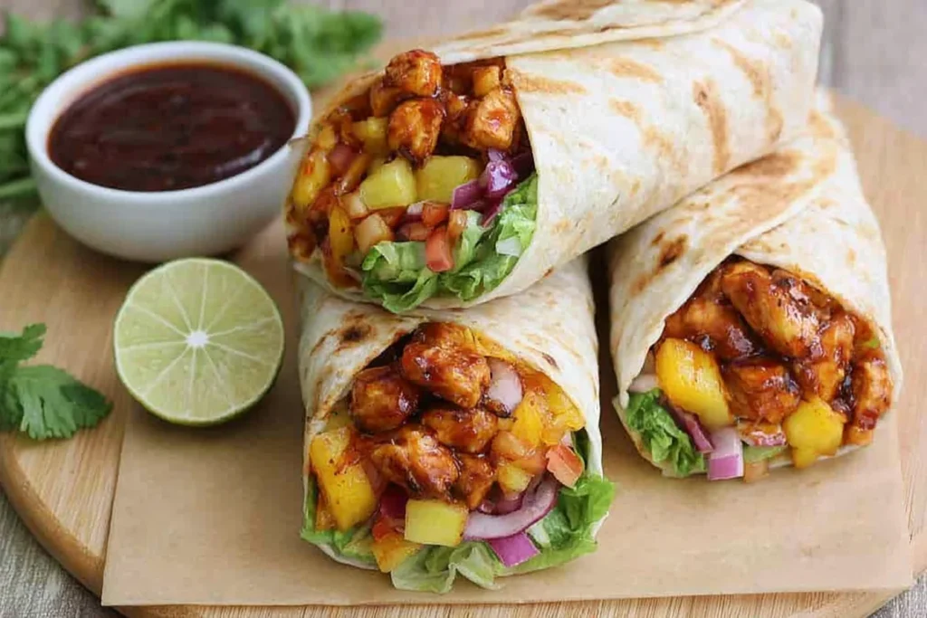 Hawaiian BBQ Chicken Wraps with grilled BBQ chicken, pineapple chunks, lettuce, and red onion in soft tortillas served with dipping sauce