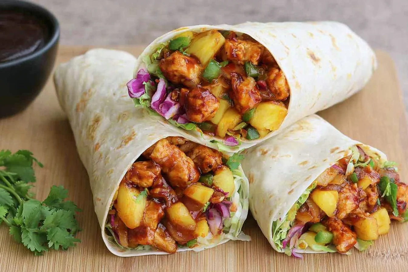 Hawaiian BBQ Chicken Wraps filled with juicy BBQ chicken, pineapple, fresh veggies, and cilantro in soft tortillas