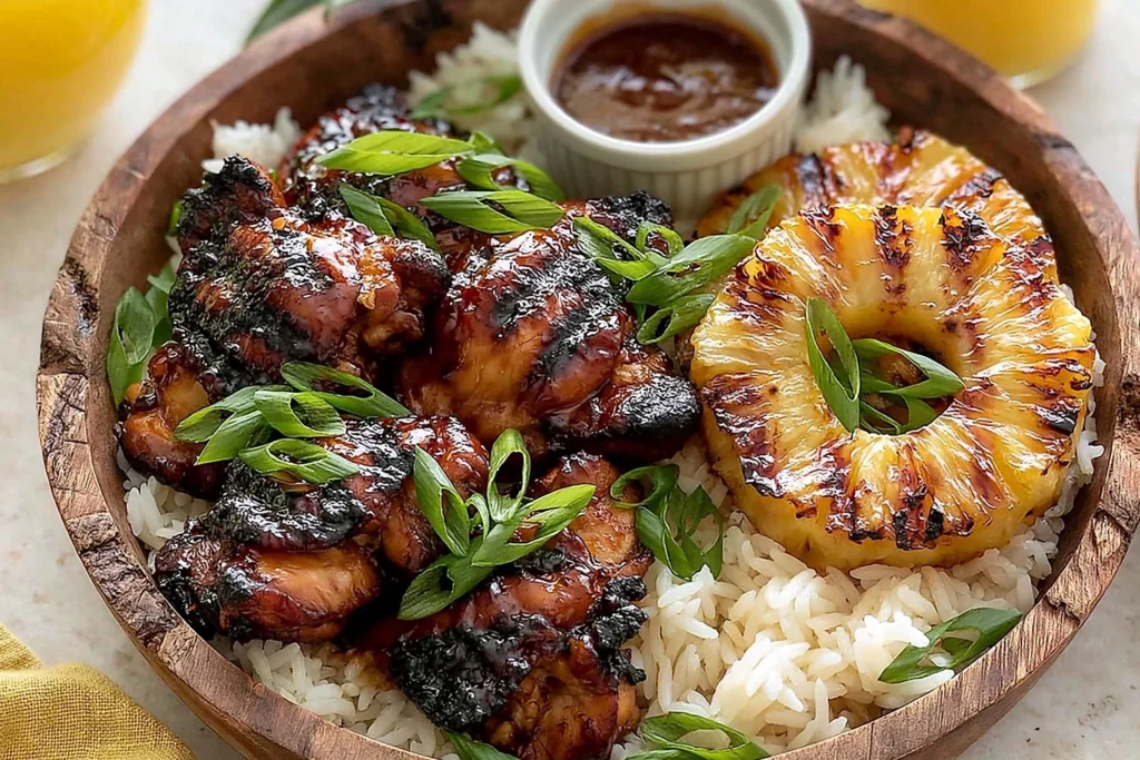 Hawaiian Chicken BBQ bowl with grilled pineapple, glazed chicken, rice, and dipping sauce topped with green onions