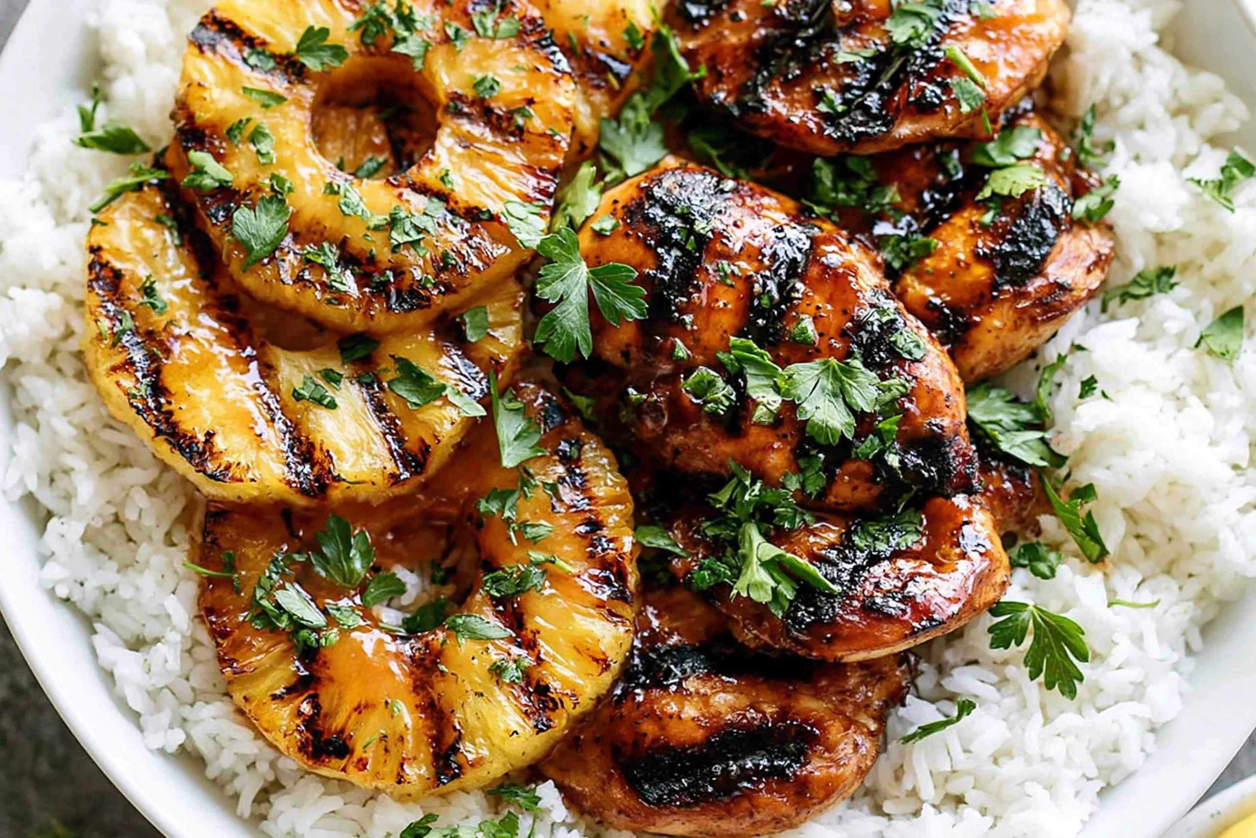 Hawaiian Chicken with Coconut Rice topped with grilled pineapple and fresh parsley, glazed chicken served over fluffy rice