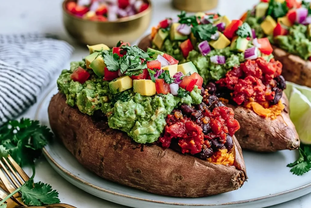 Black Bean Stuffed Sweet Potatoes topped with chunky guacamole, black beans, tomatoes, and fresh cilantro on a plate