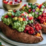 Black Bean Stuffed Sweet Potatoes topped with chunky guacamole, black beans, tomatoes, and fresh cilantro on a plate