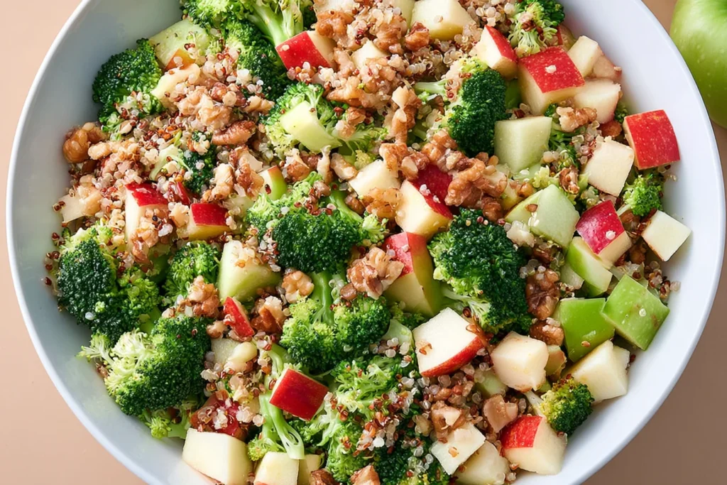 Colorful Broccoli Apple Quinoa Salad with crunchy broccoli, diced apples, quinoa, and walnuts tossed in a light honey mustard dressing
