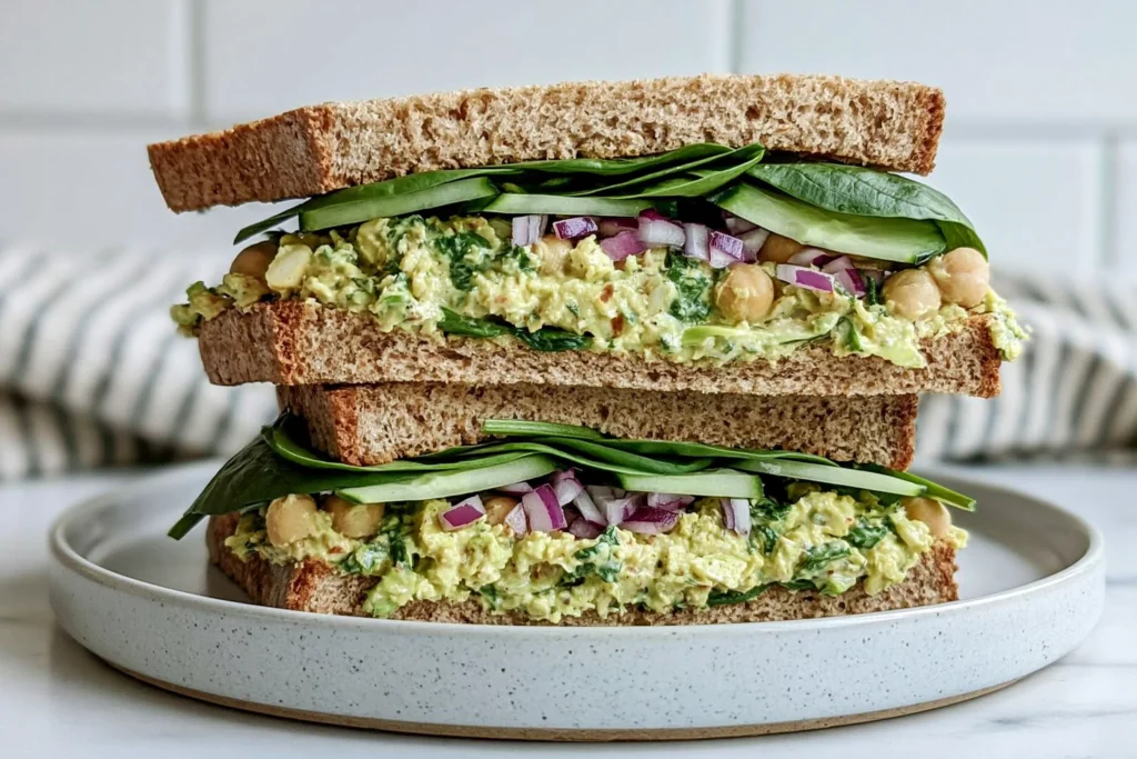 Green Goddess Salad Sandwich stacked with chickpea avocado filling, spinach, cucumber, and red onion on whole wheat bread