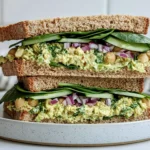 Green Goddess Salad Sandwich stacked with chickpea avocado filling, spinach, cucumber, and red onion on whole wheat bread