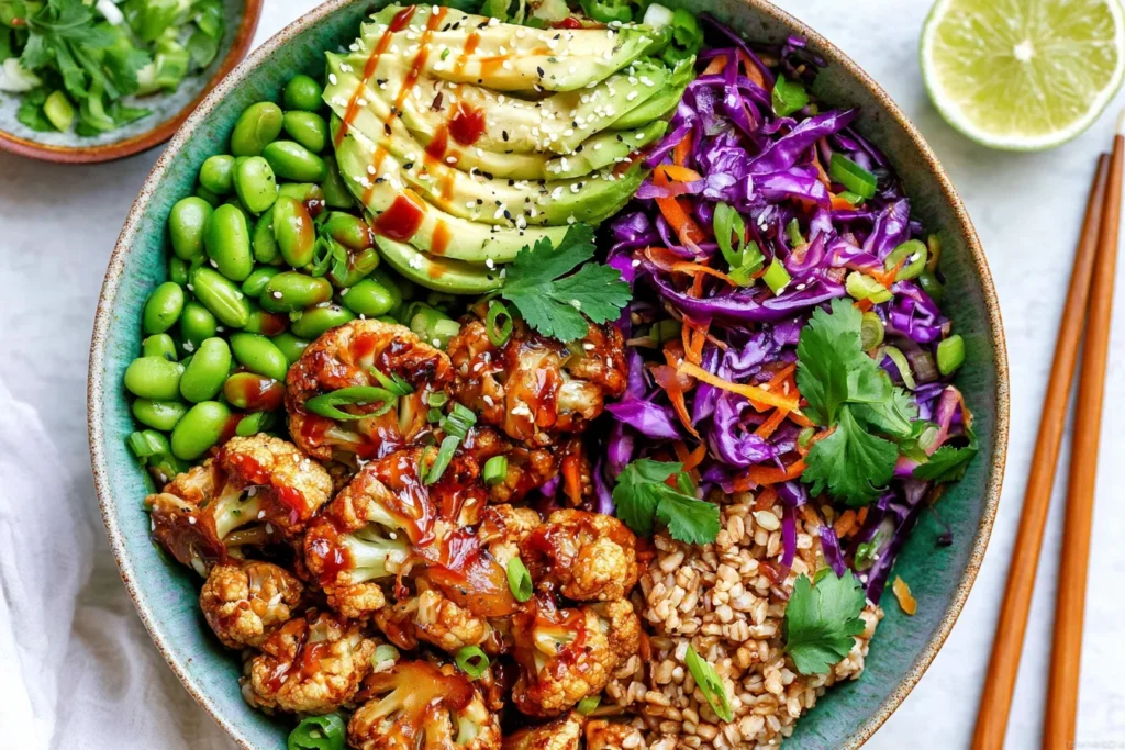 Teriyaki Cauliflower Power Bowls with roasted cauliflower, avocado, edamame, red cabbage, and grains topped with sesame seeds