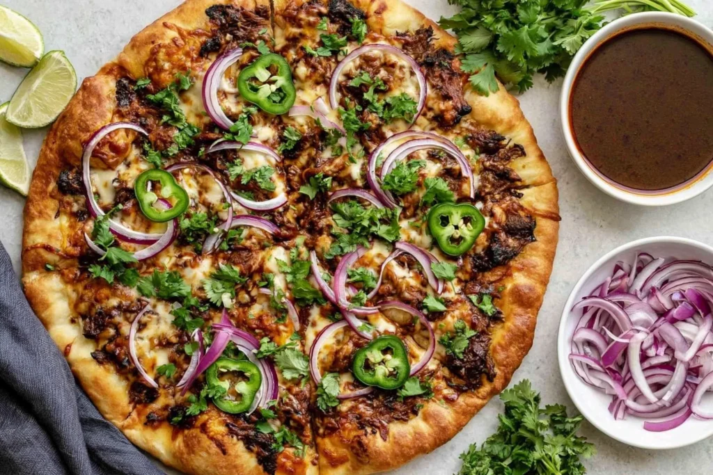 Golden crispy Birria Pizza topped with shredded beef, melted cheese, red onions, jalapeños, and cilantro with consommé on the side