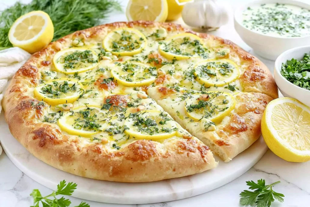 Homemade Lemon Pizza with mozzarella, fresh herbs, and lemon slices on a crispy golden crust