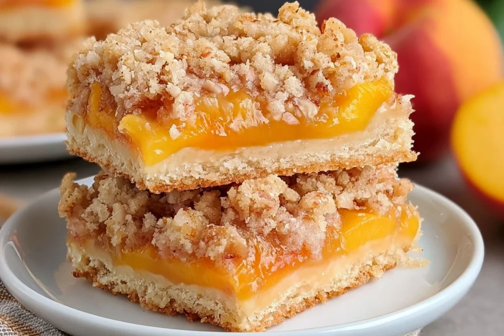 Peach Crumb Bars stacked with juicy peach layers and golden buttery crumble topping on a white plate