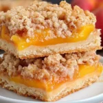 Peach Crumb Bars stacked with juicy peach layers and golden buttery crumble topping on a white plate