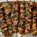 Honey Garlic Asian Chicken Kabobs grilled with sesame seeds and green onions served over rice with a glossy glaze
