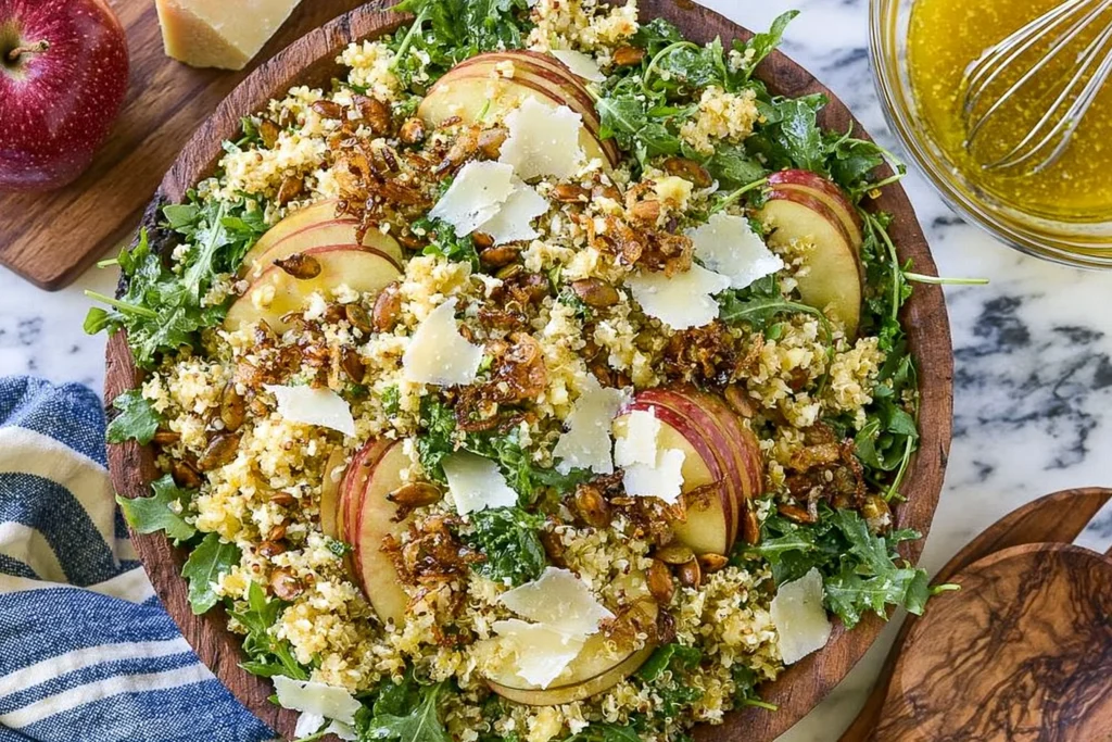 Honey Mustard Quinoa Apple Salad with crispy shallots, arugula, parmesan, and pepitas in a rustic bowl