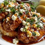 Hot Honey Feta Chicken topped with crumbled feta, fresh herbs, and sweet spicy honey glaze served on a plate