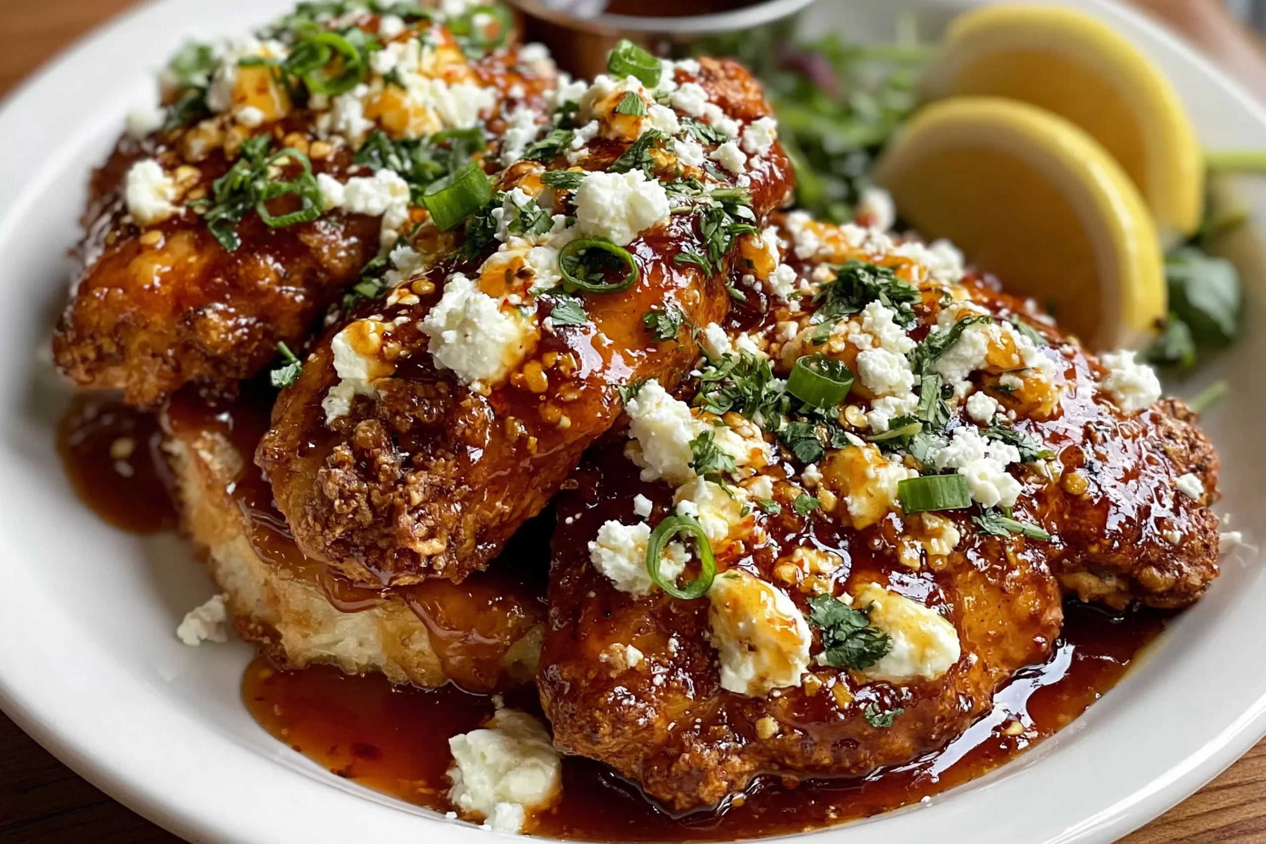 Hot Honey Feta Chicken topped with crumbled feta, fresh herbs, and sweet spicy honey glaze served on a plate