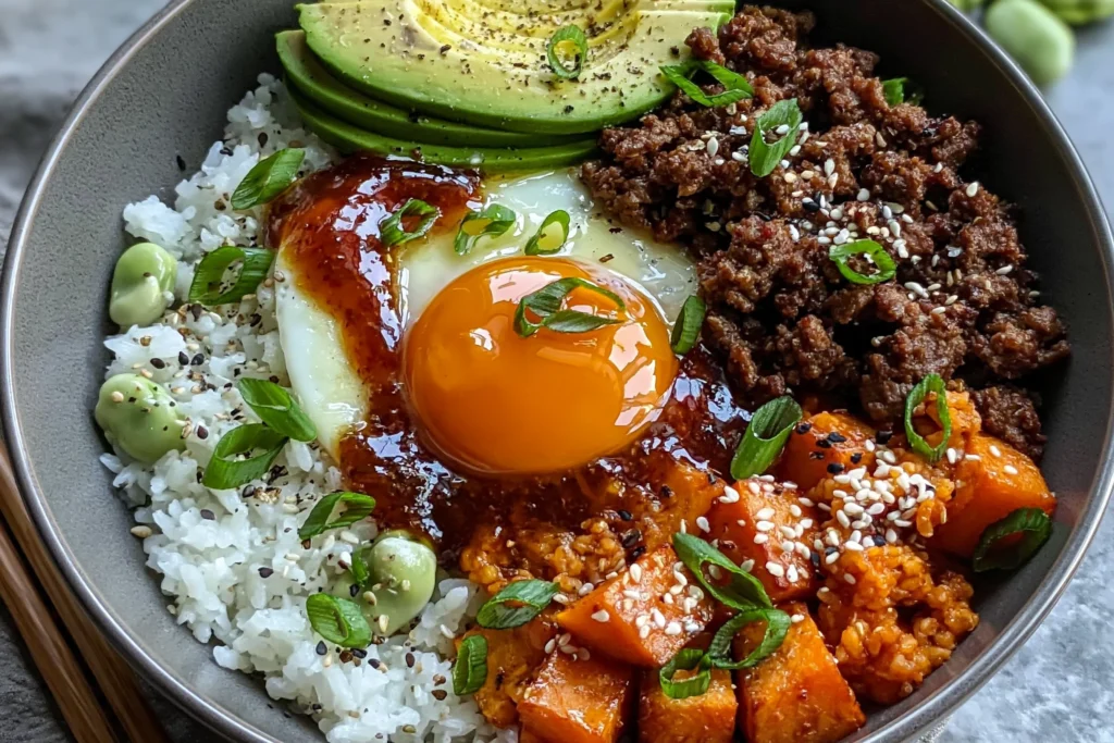 Hot Honey Ground Beef Bowls with rice, avocado slices, roasted sweet potatoes, sesame seeds, and a glossy runny egg with hot honey drizzle