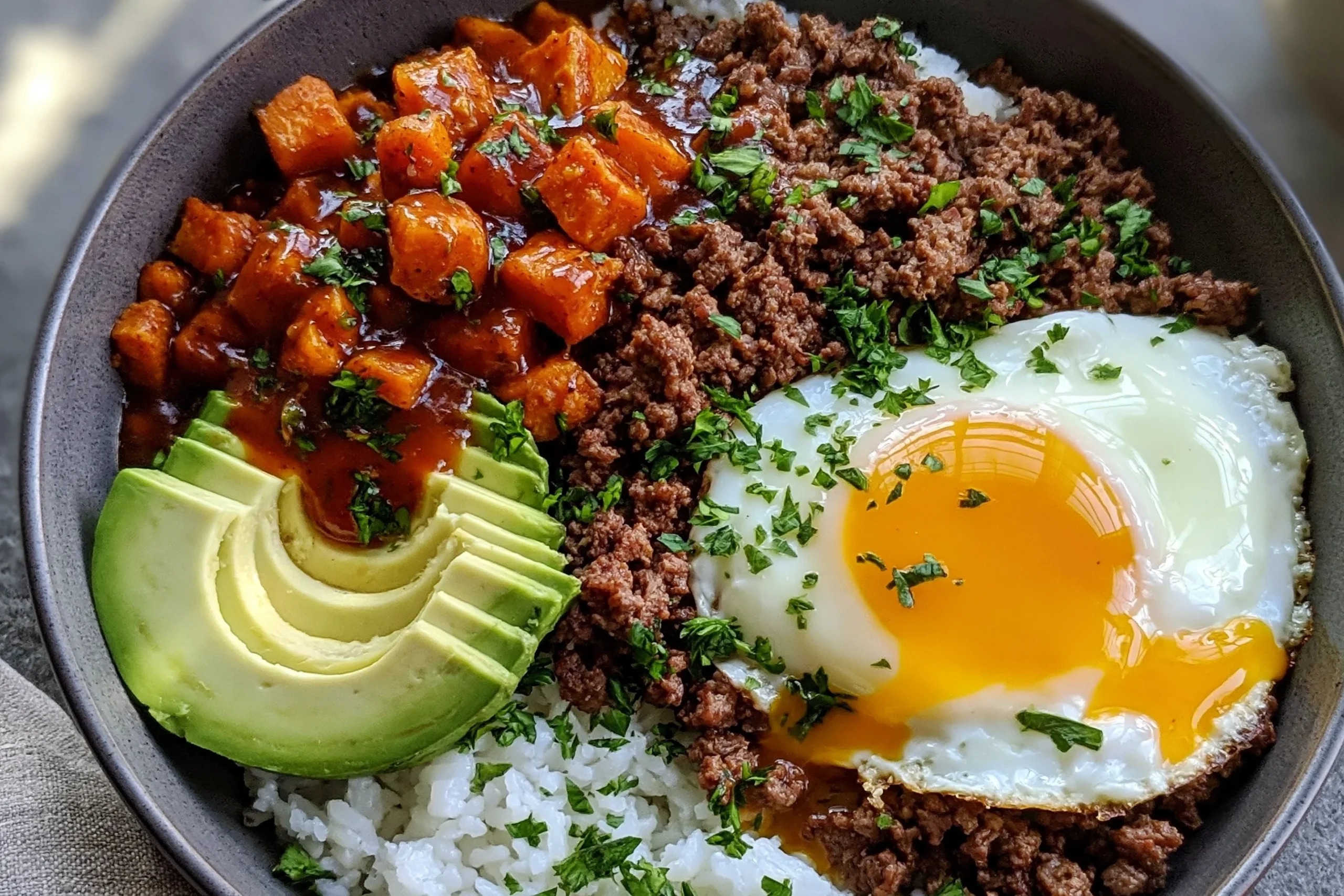 Hot Honey Ground Beef Bowls with roasted sweet potatoes, avocado, rice, and a runny fried egg topped with herbs