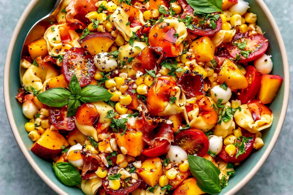 Hot Honey Tortellini Pasta Salad with peaches, prosciutto, mozzarella, corn, and basil tossed in a glossy sweet and spicy dressing