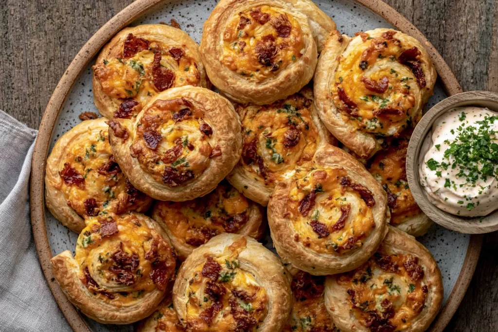Crispy golden Jalapeno Popper Pinwheels served with creamy dipping sauce, topped with bacon and melted cheese