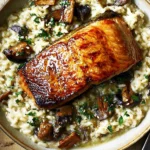 Japanese Style Risotto with Seared Salmon topped with golden crispy salmon fillet, creamy rice, shiitake mushrooms, and sesame garnish