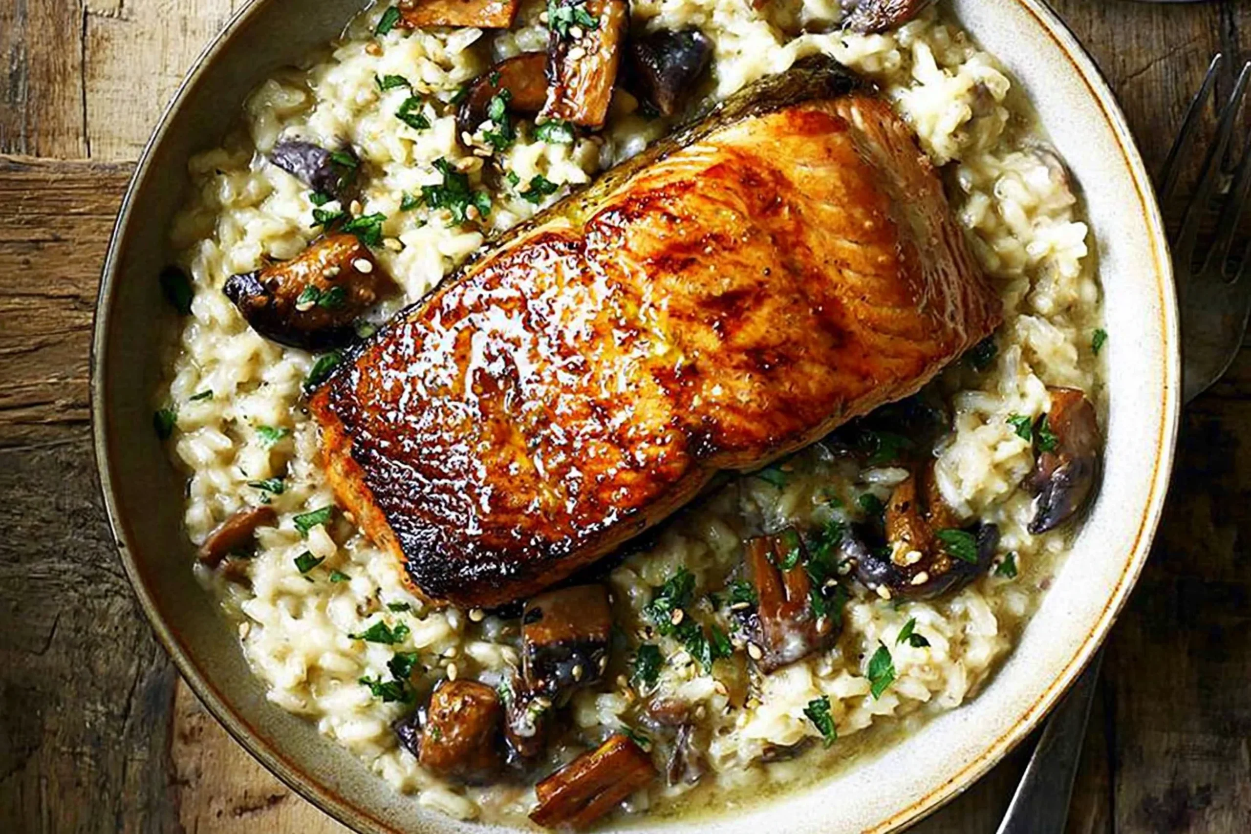 Japanese Style Risotto with Seared Salmon topped with golden crispy salmon fillet, creamy rice, shiitake mushrooms, and sesame garnish
